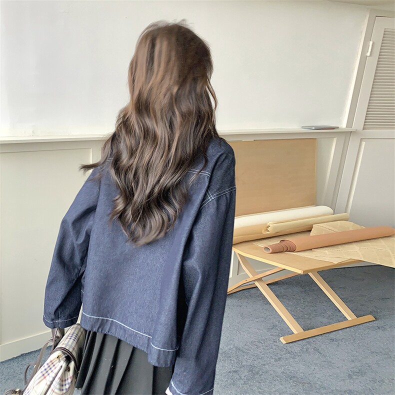 藏青色刺绣牛仔外套女春秋2025新款学院风小个子短款百搭翻领上衣,女装短外套,天使之佳话
