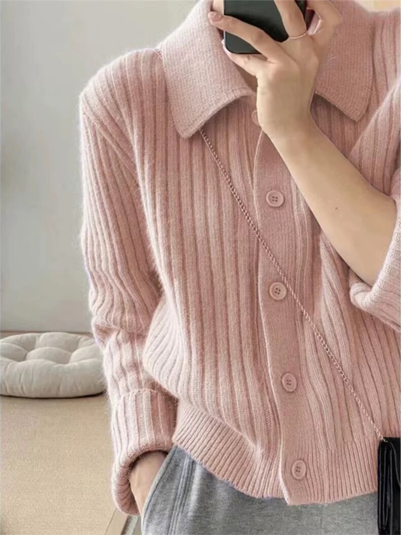 秋冬POLO领100%纯羊毛开衫女坑条加厚毛衣外套宽松慵懒羊绒衫上衣,针织衫/毛衣,恩泰羊绒