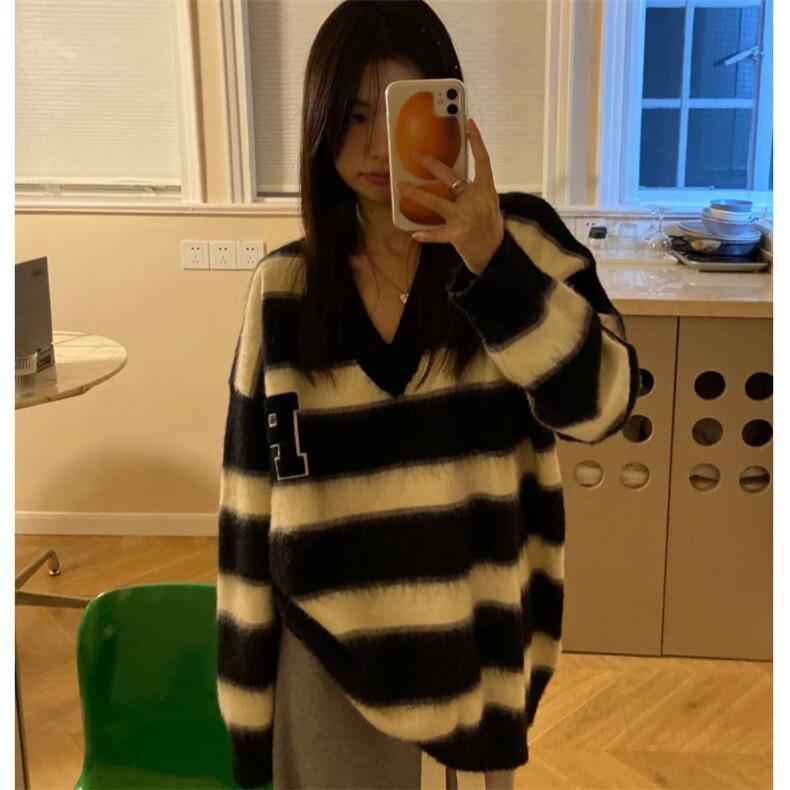 MM136-P68秋冬装新款大码女装韩系慵懒风条纹毛衣V领针织衫内搭,针织衫/毛衣,星座617A-2