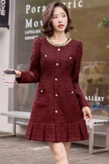 2025春秋装新款圆领单排扣长袖时尚休闲短款连衣裙，女装连衣裙，天丝秀