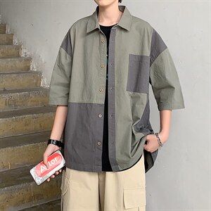 现货 拼接工装衬衫2022春夏休闲ins衬衣文艺短袖男外套  W684-P30图片