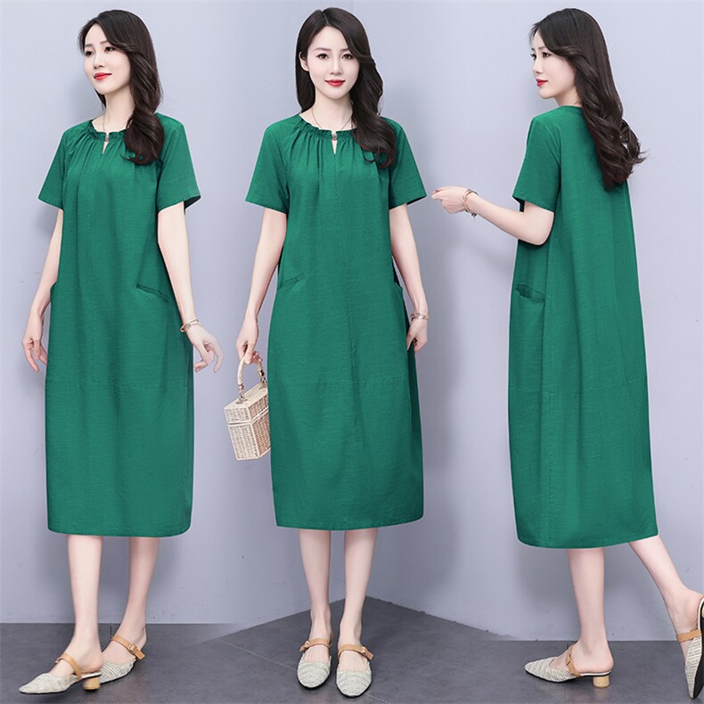 （现货）2025年夏季中长款套头宽松腰短袖圆领大码200斤连衣裙，女装连衣裙，深妍伊美