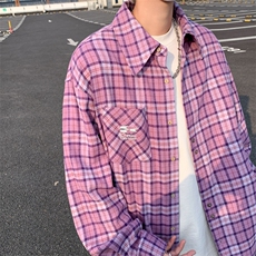 美式街头格子长袖衬衫男春季oversize宽松情侣衬衣外套S6601-p48，男装衬衫，星座1008