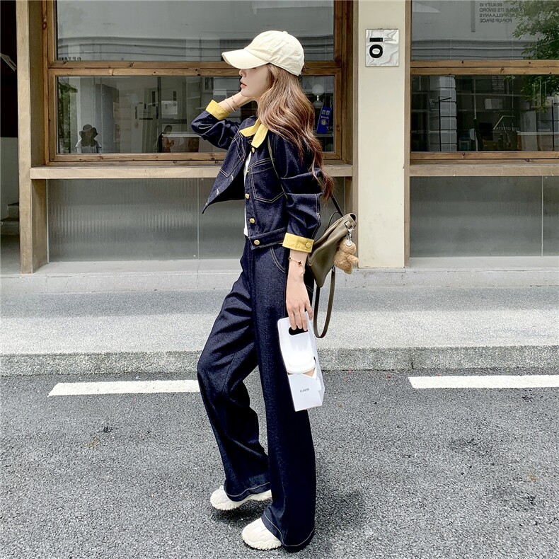 (新款现货）2026春装时尚针织牛仔拼接阔腿裤套装（两件套），女装套装/套裙，印象茜