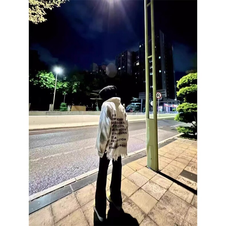 白色字母毛边牛仔衬衫设计感衬衣,男装衬衫,星座410-6（原星座1304-1）