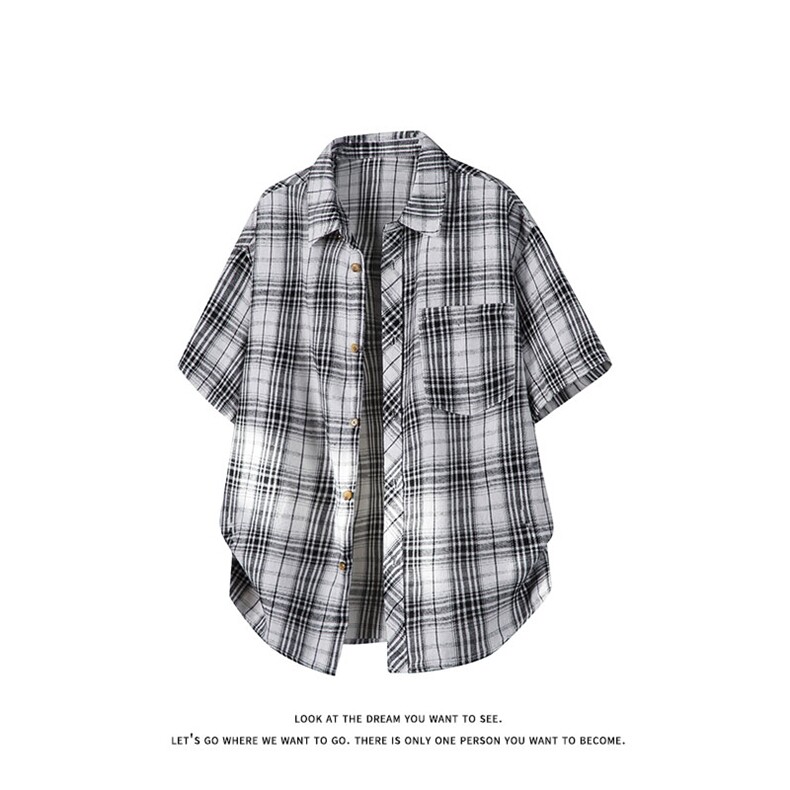 韩版潮流复古格子大码翻领短袖衬衫内搭外套DC2219-P24【特价】,男装T恤,电商A007
