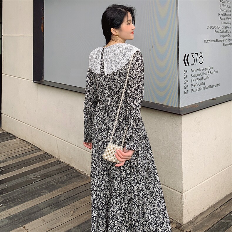 法式复古蕾丝领边花裙女2025春季新款收腰显瘦气质女神范长连衣裙,女装连衣裙,浙宝276（原081）