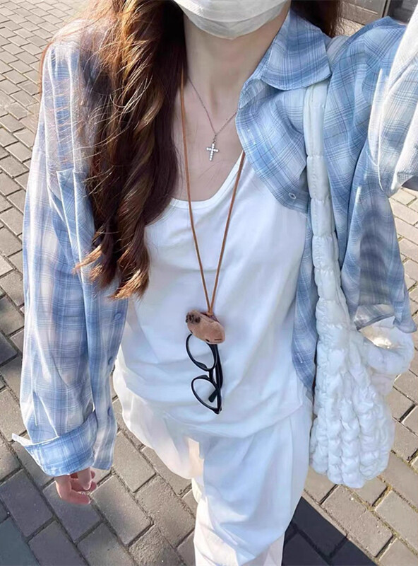 长袖衬衣外套蓝色格子衬衫女春秋慵懒风宽松休闲百搭上衣CS364,男装衬衫,星座1116A（原606A-3）