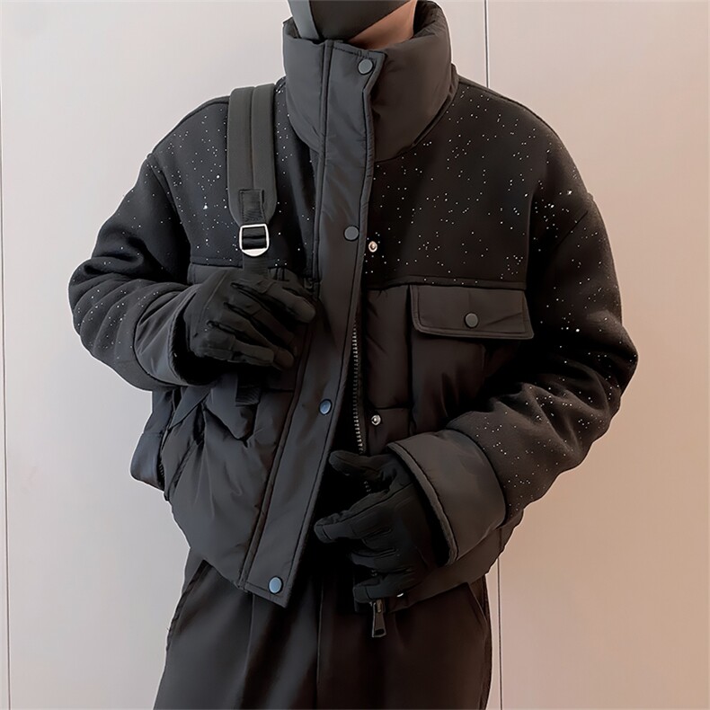 B04/P108控148冬季高级感满天星亮片短款拼接呢子棉衣外套男黑首1,男装棉衣,星座305B