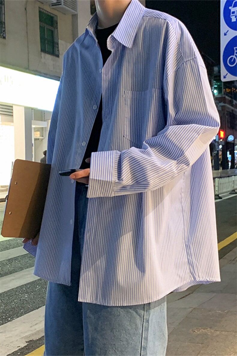 长袖男夏季港风潮流条纹宽松休闲外套潮牌百搭帅气衬衣W1090-P28,男装衬衫,星座512-4