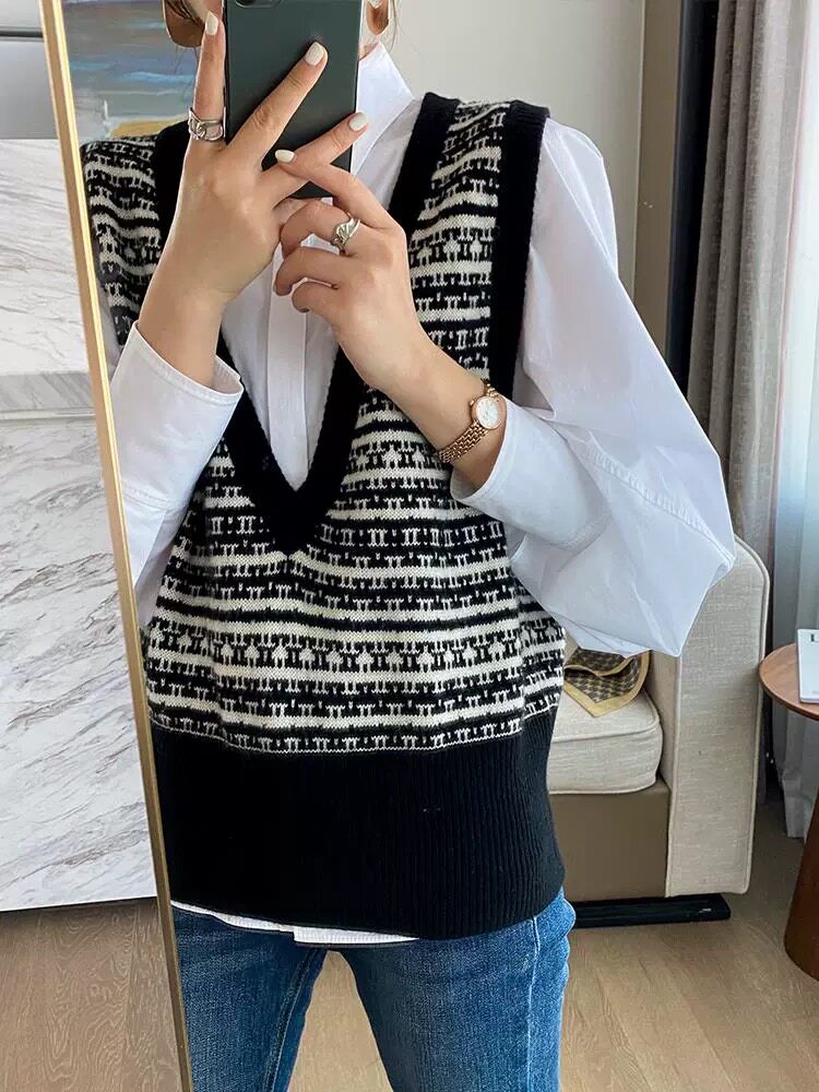 时尚V领宽松慵懒风拼色无袖毛衣背心女装针织马甲,女装马甲,昂家羊绒