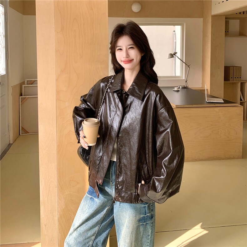 新款~~咖色短款皮衣外套W674P175K288,女装短外套,2C209