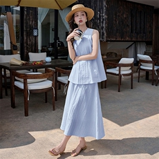 温柔系穿搭亮蓝色飞飞袖小衫套装女夏新款超好看显瘦半身裙两件套，女装套装/套裙，潮流依族