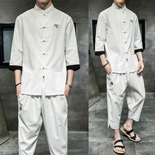 夏季新款中国风棉麻七分袖衬衫男士七分休闲裤大码套装TZ073/P100，男装套装，电商A008