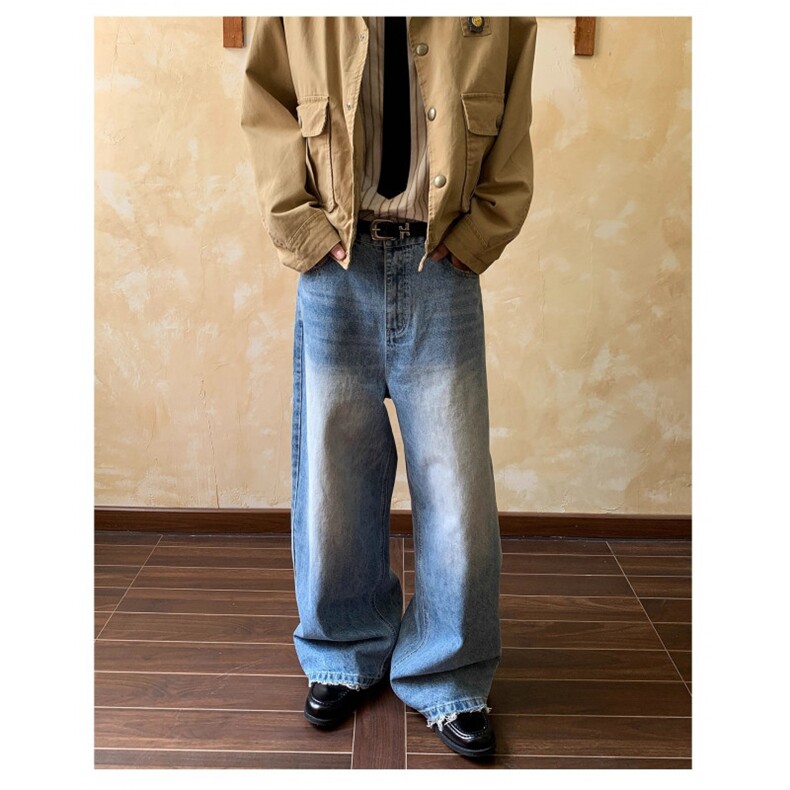 美式水洗蓝色直筒牛仔裤男cleanfit宽松设计感百搭拖地裤子图片