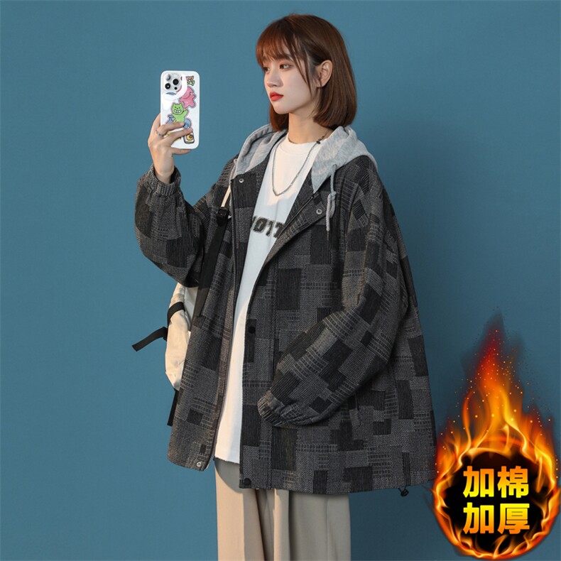 JK6007/P8加棉P90中性风牛仔连帽格子夹克男大码外套上衣男,男装夹克,电商A141