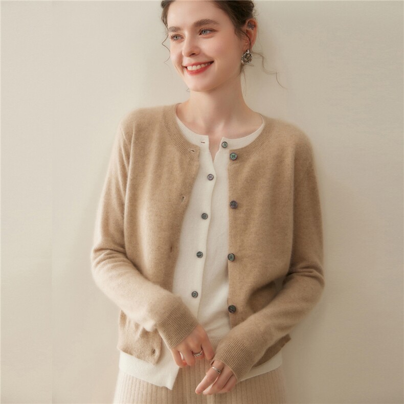 软糯高级感圆领假两件山羊绒开衫女洋气百搭羊毛针织外套秋冬新款，女装羊绒衫，暖凌绒