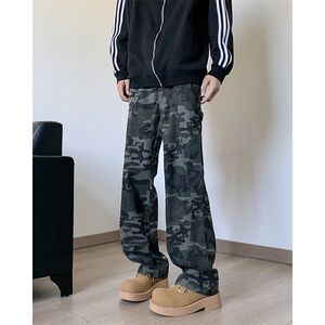 港风秋款男迷彩牛仔裤弯刀拼接直筒宽松长裤NK7006 P45图片