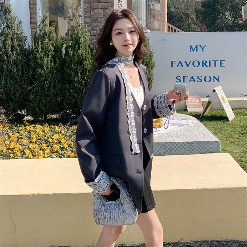灰色蕾丝拼接西装外套女2025春季新款高级感超好看气质休闲小西服,女装西装,2C261