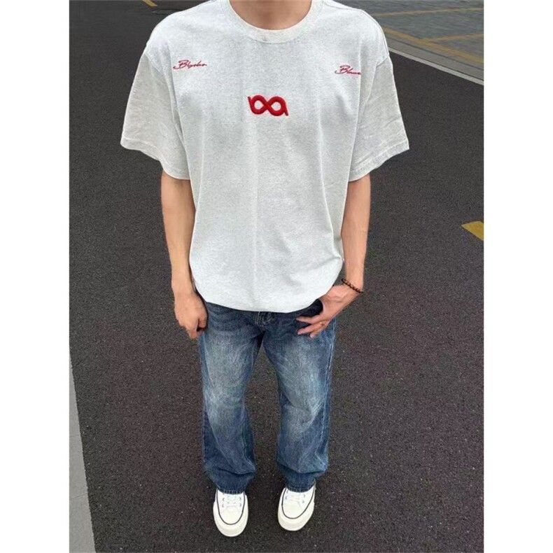 1506/Q83050/P43基础双肩手写字体刺绣LOGO短袖美式复古嘻哈T恤,男装T恤,星座1506