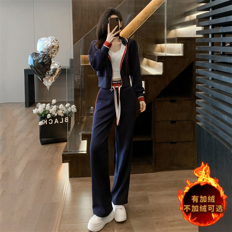 时尚秋装女款休闲高腰阔腿裤两件套 显瘦百搭潮流套装图片