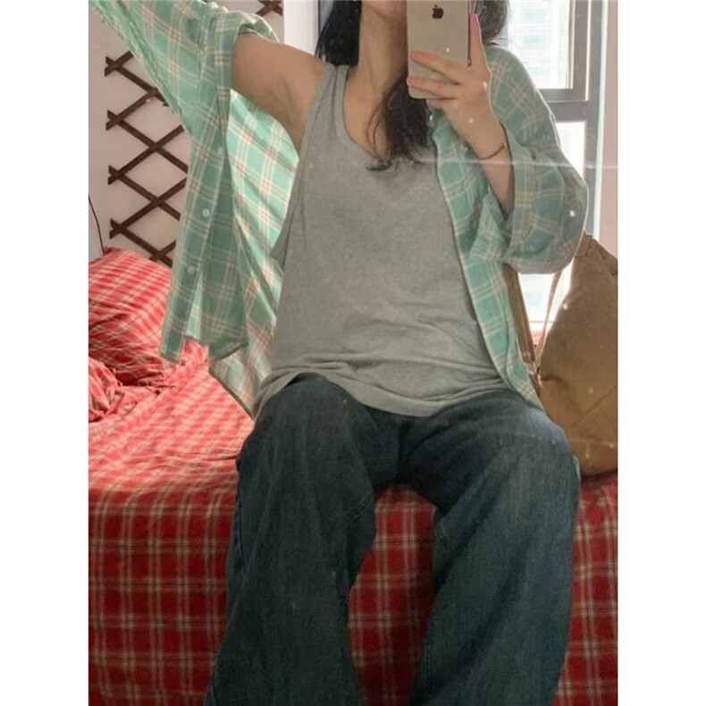 2025轻薄绿色格纹防晒衬衫女高级感宽松休闲衬衣开衫外穿潮AC114,男装衬衫,星座601-1