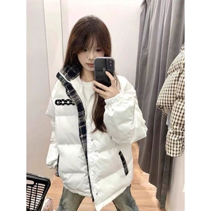 美式复古格子拼接棉服女冬季新款宽松百搭小众设计感保暖棉衣图片