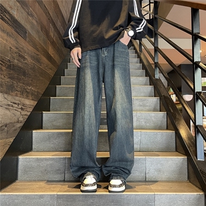 复古宽松阔腿牛仔裤高街设计感春秋新款显瘦拖地直筒裤潮9084-P38图片