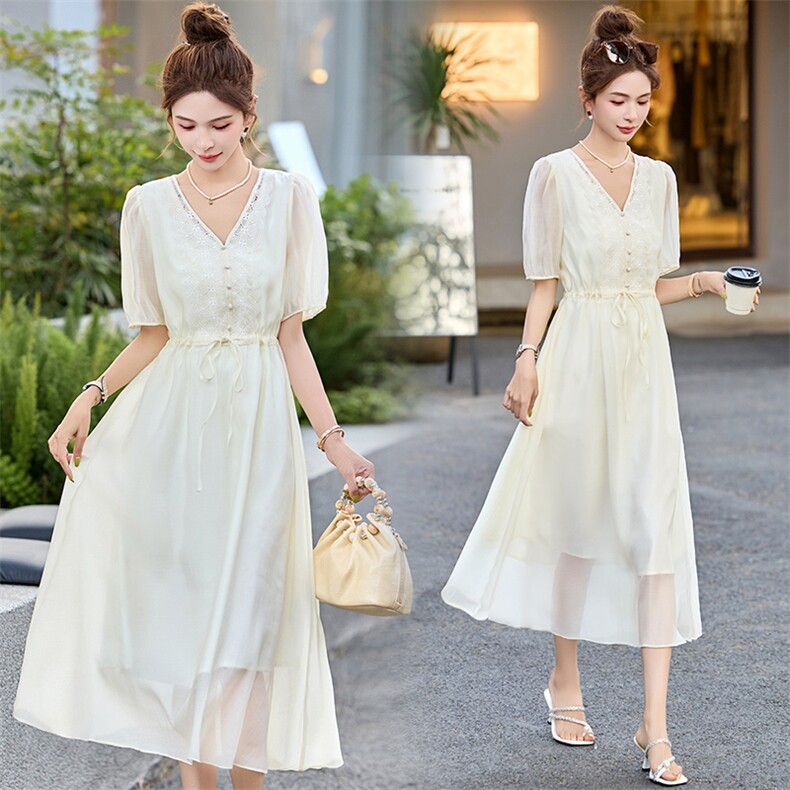 天丝时尚V领短袖连衣裙女2025夏季新款优雅气质显瘦中长裙SY2656，女装连衣裙，韩然一族