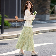 现货2026年春夏季新款时尚波西米亚风圆领半身裙两件套，女装套装/套裙，蓝诺裳