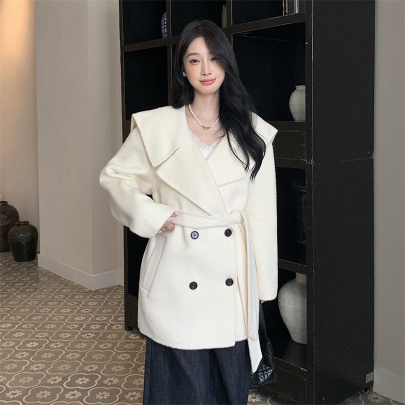 现货主推新款双面羊毛呢青果翻领配胸针腰带白领知性轻奢羊毛大衣，女装双面呢大衣，琦鑫阁（原依鑫阁）