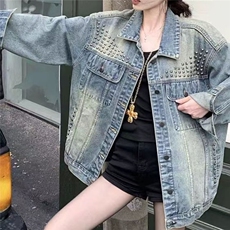 JK29-P722025美式复古水洗重工铆钉牛仔外套女宽松潮流痞帅夹克，男装工装外套，电商B323A