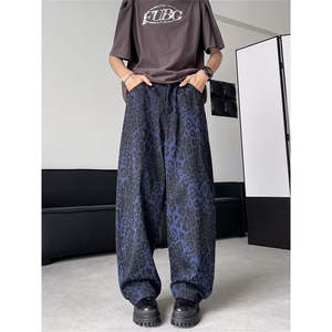 豹纹牛仔裤欧美hiphop炸街小众设计感宽松阔腿裤拖地裤N00688-p48图片
