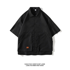 白底夏装日系复古大口袋短袖衬衫男宽松纯色衬衣C500P40，男装衬衫，电商C323
