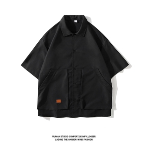 白底 夏装日系复古大口袋短袖衬衫男宽松纯色衬衣 C500P40图片