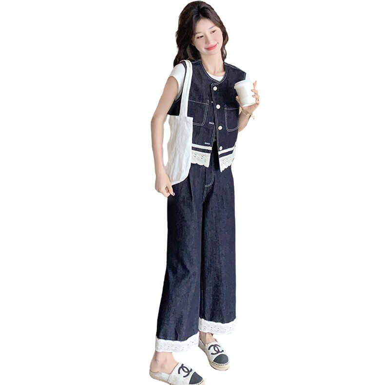 蕾丝拼接牛仔套装女2025夏季新款ootd穿搭设计感马甲阔腿裤两件套,女装套装/套裙,2C012