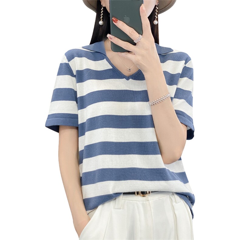 Polo领拼色针织短袖女24夏新款100%纯棉薄款宽松显瘦t恤半袖上衣,针织衫/毛衣,郡淞羊绒