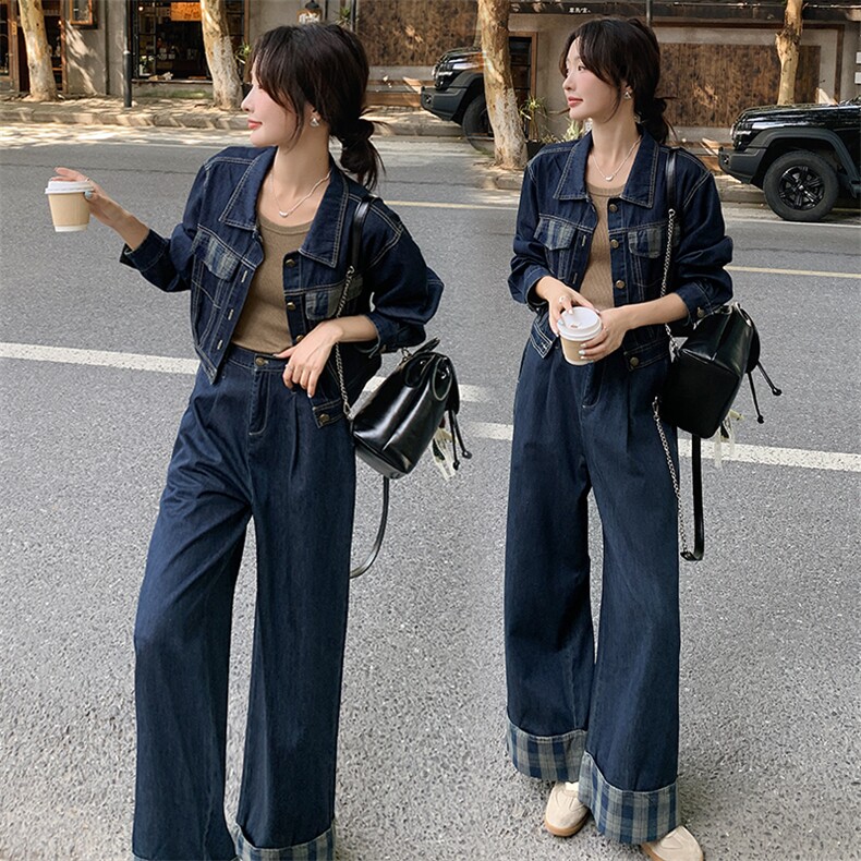 格子牛仔套装女春秋高级感盐系减龄美式韩风chic两件套又a又飒图片