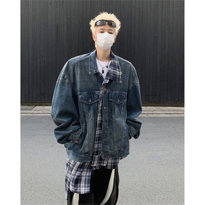 得物二开 设计感格子不规则拼接假两件牛仔外套男夹克JK1279-P65图片