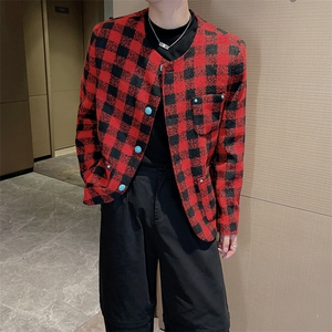 王嘉尔同款复古红色格子外套男时尚高级感小香风夹克JK2353-P130图片