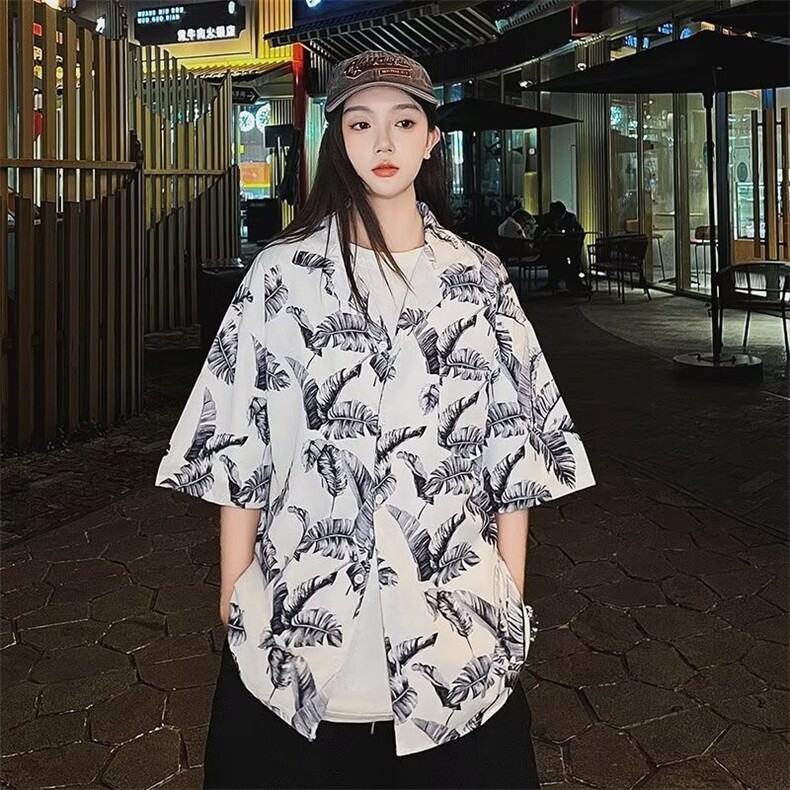 芭蕉叶印花夏季衬衫男女短袖韩版潮流帅2024新款ins外套CY858-P29图片