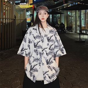 芭蕉叶印花夏季衬衫男女短袖韩版潮流帅2024新款ins外套CY858-P29图片