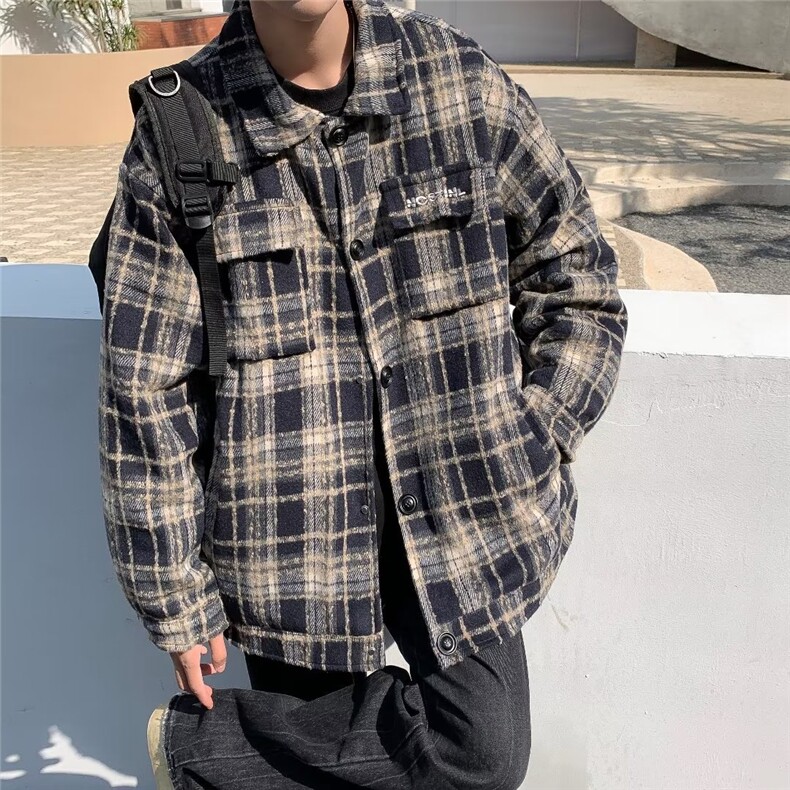 时尚潮宽松型翻领格子慵懒潮流男秋季休闲青春流行2025毛呢大衣，男装毛呢大衣，星座506A