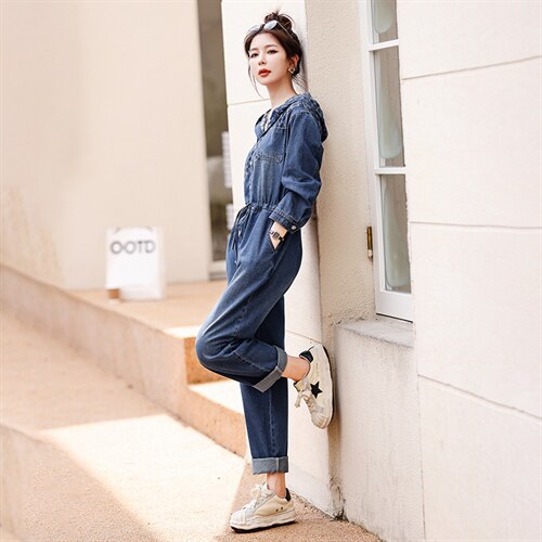 时尚显瘦牛仔连体裤抽绳收腰设计百搭休闲风，女装连体裤，钱塘布衣