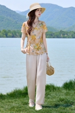 年轻妈妈装V领短袖衬衫阔腿裤两件套夏季新款洋气减龄中老年套装，女装套装/套裙，衣之秀