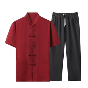 中老年风亚麻短袖套装夏季唐装棉麻套装复古风潮牌汉服两件套图片