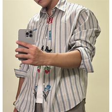 美式复古条纹衬衫男女2025新款刺绣慵懒风设计感宽松休闲外套潮，男装衬衫，星座601-2