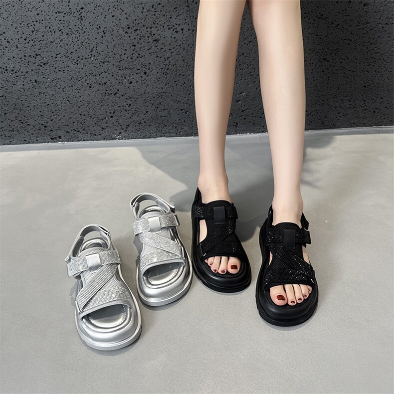 欧洲站水钻凉鞋女2024新款夏季百搭时尚厚底网面魔术贴休闲罗马鞋，女鞋凉鞋，星座1407-3