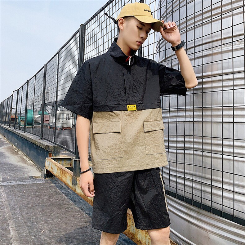 混色双拼休闲套装2021新款夏季宽松短袖t恤两件套男装DS401TP75,男装T恤,电商A102