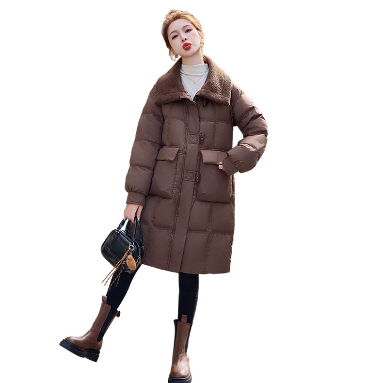 羊羔毛拼接翻领羽绒服女2024冬季新款时尚洋气加厚保暖白鸭绒外套,女装羽绒服,E百度